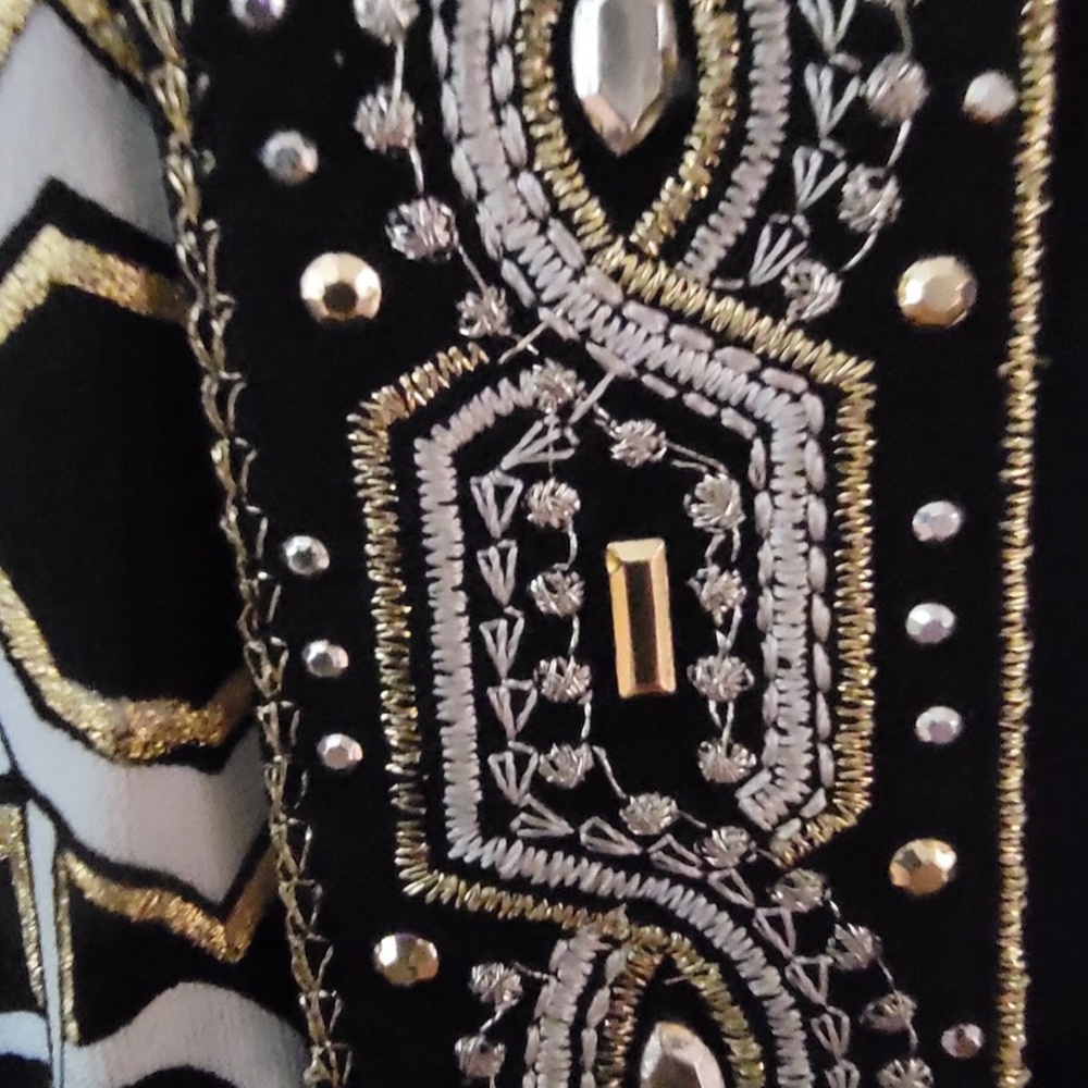 WHBM Black/Gold/White Metallic Midi Dress Embellished w/ Rhinestones. Size L - Picture 10 of 11